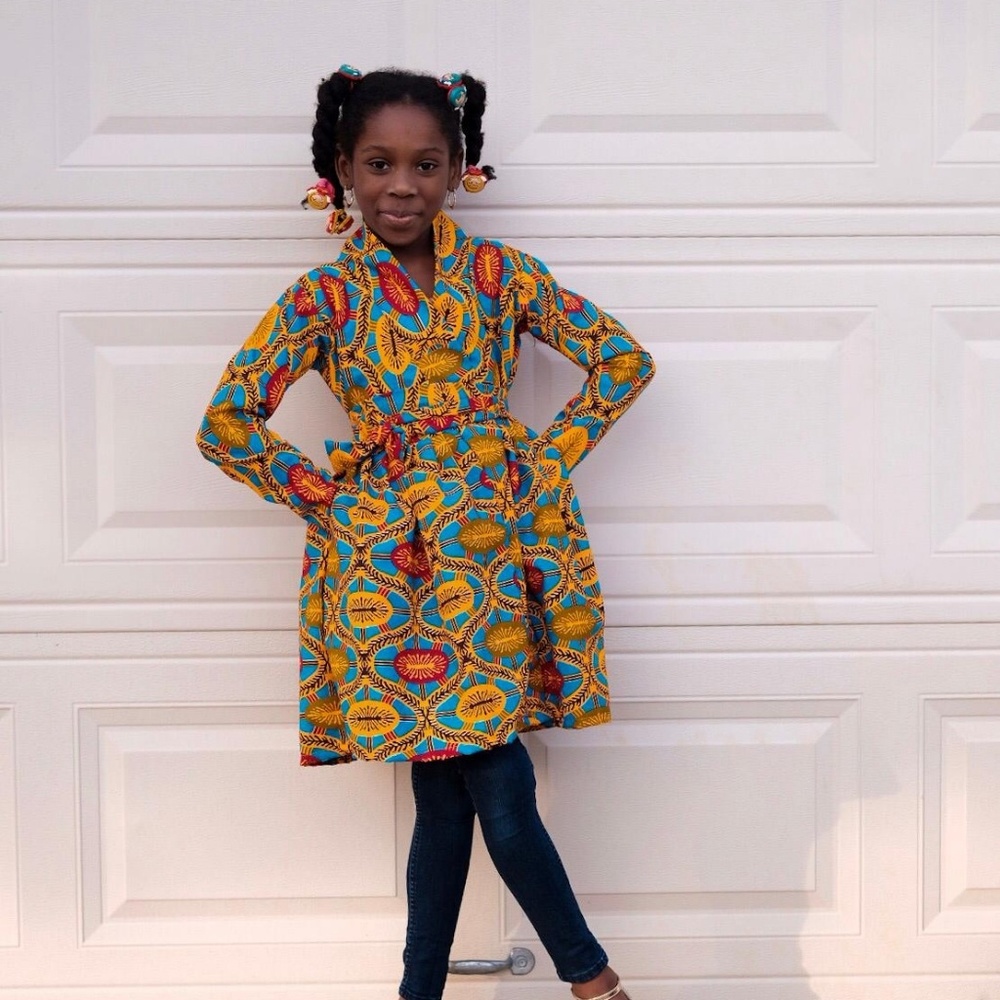 Girls African Ankara long sleeve wrapping dress